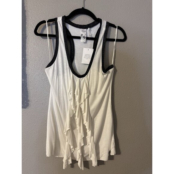 Guess LA Tank Top L Large White Black Silver Trim Ruffle Racerback NEW NWT - Picture 6 of 13